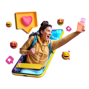 A woman holding a phone with emojis and hearts.