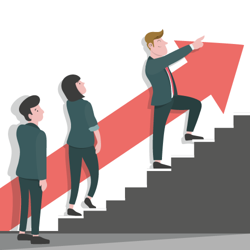 Group of professionals ascending stairs towards upward arrow.